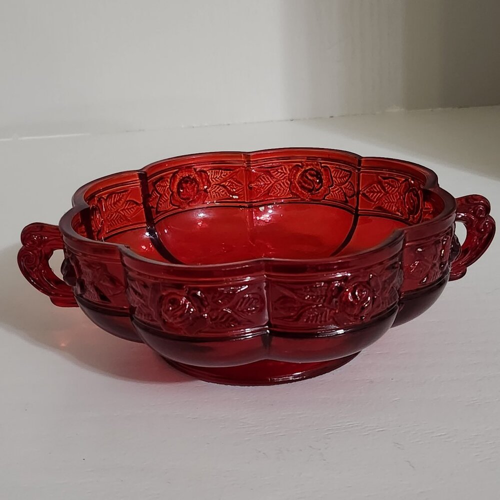 Vintage 1950s, Jeanette Glass Aztec Rose Flashed Two Handled Bowl
